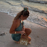 Bonnyshow  Shell Deep V-neck Women Min Dresses Sexy Sleeveless Backless Hip Package Female Dresses 2025 Spring Summer Beach Lady Robe
