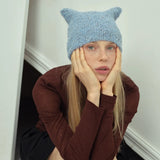 Bonnyshow Women's Cute Y2k Wool Hat Homemade Niche Bow Cat Ear Hat Winter Warm Ear Protection Cold Cap Hand-knotted Hollow Knit Cap