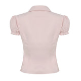 Bonnyshow  Fashion Sweet Ruched Slim Fit Women Shirts Chic Solid Summer Cute All-Match Causal Blouses Simple