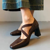 Bonnyshow  Retro Simple Cross Elastic High-heels Women Shoes Temperament Versatile Pumps Shoes Solid Color Square Head Women Shoes