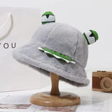 Bonnyshow Cute Frog Fisherman Hat for Women Winter Fluffy Fur Bucket Hats Funny Cartoon Warm Thicken Female Girls Plush Hats