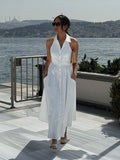 Bonnyshow  Women Shirt Belt  A-line Dressess Casual Laple Single Breasted Pockets Waist Cinching Maxi Dress Summer Lady Evening Party Gowns
