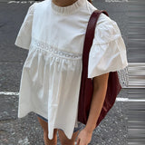 Bonnyshow  Embroidery Blouse Women Flying Sleeve High-neck Loose Shirts 2025 Blusas Vintage Summer Tops Chic Sweet White Blouses