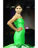 Bonnyshow Eye Catching Neon Green Mermaid Evening Dresses With Big Volume Ruffles Tulle Bottom Strapless Long Evening Gowns