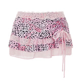 Bonnyshow  Summer Vintage Leopard Print Ruffles Low Waist Mini Skirt Women Lace Skirts Aesthetic Elegant Fashion Lady Party Streetwear