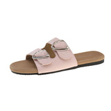 Bonnyshow  Belt Buckle Slippers Women's Fashion Round Head Open Toe Metal Buckle Soft Soled Non-slip Wear-resistant Flat Shoes