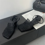 Bonnyshow  Street Style Breathable Holes Mesh Square Toe Woman Pumps Fashion Buckle Strap High Heels Mules Summer Shoes