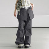 Bonnyshow American Retro Street Fake Two Piece Cargo Pants Y2k Elastic Waist Ruched Trousers 2024 Summer New Loose Wide Leg Pants