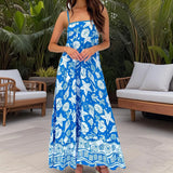 Bonnyshow  Women s Elegant Floral Print Sleeveless Maxi Dress with Adjustable Spaghetti Straps and A-Line Silhouette for Summer Beach