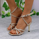 Bonnyshow  Summer Ankle Strap Retro Woman Shoes Beige Heeled Sandals Large Size Square Toe Breathable Original Black Big Low Stiletto