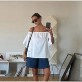 Bonnyshow  Casual Shirts Shorts Sets Women Loose Vacation Turn-Down Collar Long Sleeve Shirt High Waist Short Pant 2025 Summer Lady Suit