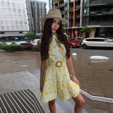 Bonnyshow  Elegant Women Print Short Dress With Belt Lapel Sleeveless Pleated Vestidos 2025 Summer Elegant Female Vacation Party Dresses