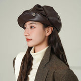 Bonnyshow Autumn Leather Berets Hat for Women Korean Solid Color Octagonal Cap Female Girls Japanese Vintage Painter Artist Hats