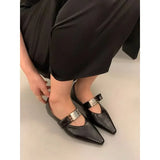 Bonnyshow  Women's Retro Pointed Toe Low-Heeled Casual Shoes 2025 Luxury Fashion Buckle Design Fine Plaid Leather Single Shoes