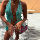 Bonnyshow  Sexy Glitter Lace Up Knitted Halter Top Women Vintage Solid Sleeveless Backless Shiny Hollow Out Tops Lady New Chic Streetwear