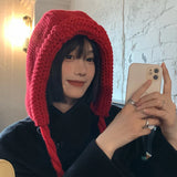 Bonnyshow Korean Knitted Balaclava Hat Handmade Winter Wool Lace Up Beanie Cap Solid Color Ear Protection Hats Christmas Accessories