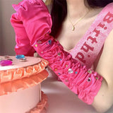 Bonnyshow Sweet Bow Glove Diamond Birthday Party Decoration Photography Prop Y2K Girl Silk Sleeve Japanese Arm Cover Satin Arm Sleeve