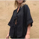 Bonnyshow  Summer Holiday 2 Piece Set Women Loose Patchwork Shorts Solid Hollow Out Bandage Shirt Sets Fashion Lady 2025 Elastic Waist Suit