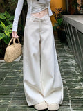 Bonnyshow  Women's Chic Lace Patchwork Waist Wide Leg Full Length Pants Lady Summer Autumn Streetwear Loose Straight Long Pants
