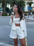 Bonnyshow  Female Solid Ruffle Loose Blouses Shorts Sets Casual High Street Ladies Full Sleeves V-neck Shirt 2 Piece Suits Summer Fashion
