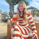 Bonnyshow Summer Knitted Beach Dress Women Sexy Hollow Out Maxi Bohemian Dresses Long Sleeve Striped Holiday Outfits 2024 Beachwear