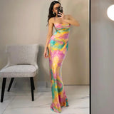 Bonnyshow Fashion Tie Dye Maxi Dress Women Elegant Spaghetti Strap Slim Evening Party Dresses Summer Sexy Backless Beach Holiday Dress