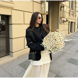 Bonnyshow  Fashion Pleated  Spliced Long Skirt Suits Women Knitted Chic Button V Neck Lady Vest Set High Waist Zipper Skirt Summer Set