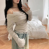 Bonnyshow Vintage Pleated Strapless Sexy Slim Long-sleeved T-shirt Women 2025 Spring New Fake Two-piece Solid Color All Match Knitted Tops