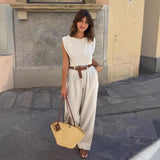 Bonnyshow  New Cotton and Linen Set for Spring and Summer 2025 Is Elegant Featuring A Sleeveless Vest and Wide-leg Trousers A Two-piece Set