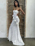 Bonnyshow  Sexy Strapless Transparent Lace Wers Women Maxi Backless Evening Dress Female Autumn New Elegant Party Clubwear
