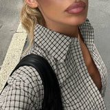 Bonnyshow  Back Tie-up Bow Checkerboard Shirt Women's Fall Spring Single-breasted Turn-down Collar Blouses Ladies Retro Plaid Tops
