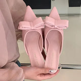 Bonnyshow  Sweet Bow Design Brand Slippers Women Summer Fashion Pointed Toe Kitten Heel Slide Sandals Elegant Dress Pumps Zapatos De Mujer