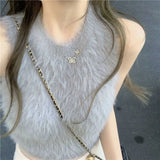 Bonnyshow  Sexy Plush Crop Tops Women Vintage Y2k Clothes Knitted Tank Top Sleeveless Club Party Outfits  Korean Fashion New