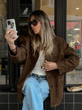 Bonnyshow  Women's Vintage Solid Suede Jacket Coat Turndown Collar Single Breasted Long Sleeve Outerwear Autumn Streetwear Fashion Jackets