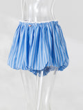 Bonnyshow  Blue Striped Casual Shorts Women Summer Flower Elastic Mid Waist Short Pants Streetwear Fashion Simple Mini Shorts 2025 New