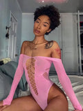 Bonnyshow  Pink Lace Bodysuit Tops For Women Off-Shoulder Hollow Out Mesh Sheer Body Top Female Hot Backless Nightclub Lingerie Top