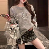 Bonnyshow Spring New O-neck Diamond Sequins Casual Cashmere Long-sleeved Sweater Women + High Waist Striped Knit Skirt Two-piece Suit