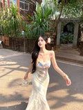Bonnyshow  Women's Purple/Apricot Casual Flower Long Dress Sleeveless French Elegant Aesthetic 2000s Party A-line Dress Clothing 2025