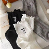 Bonnyshow Lolita Sweet Bow Socks for Women Summer Breathable Thin Loose Sock Y2K Girls Korean Solid Color Middle Tube Socks