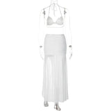 Bonnyshow Summer Camisole Bra Casual Suit See-through Mesh Splicing Slit Skirt Two-piece Set Elegant Sexy Party Beach Club Outfit