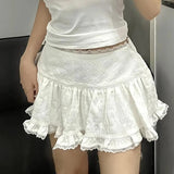 Bonnyshow Balletcore Ruffled Mini Skirt with Lace Trim Low Rise Tiered White Skirt Summer Women TeenGirl Y2K Goth Outfit