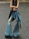 Bonnyshow  Retro Washed Fake Two Piece Spliced Flare Jeans for Women Spring and Summer New Stylish Spicy Girl Loose Casual Pants