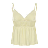 Bonnyshow  Fashion Solid Lace Spliced Women Camisole Tops Summer V-Neck Ruched Causal Sweet Blouses
