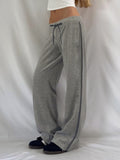 Bonnyshow  Grey Loose Straight Sweatpants Streetwear y2k Lace-up Low Rise Side Striped Stitching Casual Pants Women Harajuku Capris