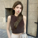 Bonnyshow  Sexy Plush Crop Tops Women Vintage Y2k Clothes Knitted Tank Top Sleeveless Club Party Outfits  Korean Fashion New