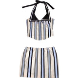 Bonnyshow Striped Print 2 Pieces Dress Set Trendy Clothes 2024 Summer Outfits Sexy Halter Crop Top And Mini Skirt Sets