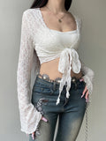 Bonnyshow  Y2K Solid Flared Sleeve Cardigan Casual Lace-up Beach Cover-Ups Coquette White Long Sleeves Shirts Sunscreen Outwear