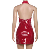 Bonnyshow Women Red Lace Patchwork PU Leather Bodycon Mini Dress Hollow Out Cross Halter Backless Slim Birthday Party Outfits Clubwear
