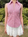 Bonnyshow  Pink Striped Blouse T-shirts Women Summer Casual Slim Turn-down Collar Sleeveless Tees Cute Sweet Preppy Style Y2K Crop Tops New