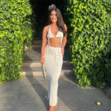 Bonnyshow White Knitted Sexy Two Piece Set for Women Vacation Outfits Floral-applique Bikini Top And Long Skirt Sets